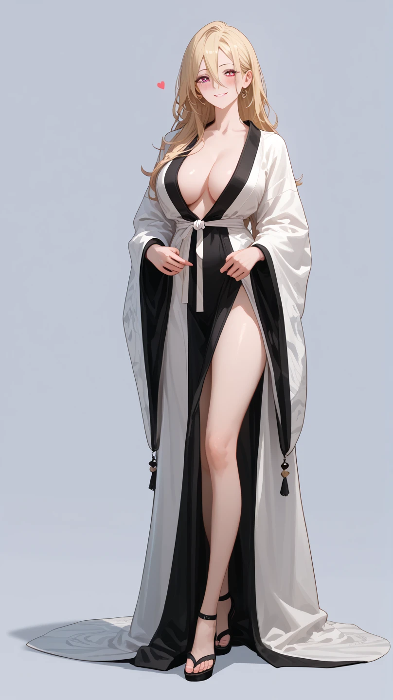 1 Girl,  unique ,  HD, Accurate,  long hair, blond,  hair between eyes,  Big Breasts ,  blush,  has a seductive smile, heart in eye,  Wearing a Daoist robe， Full Body Photo ， long legs，Black Silk:1.5， format:1.5