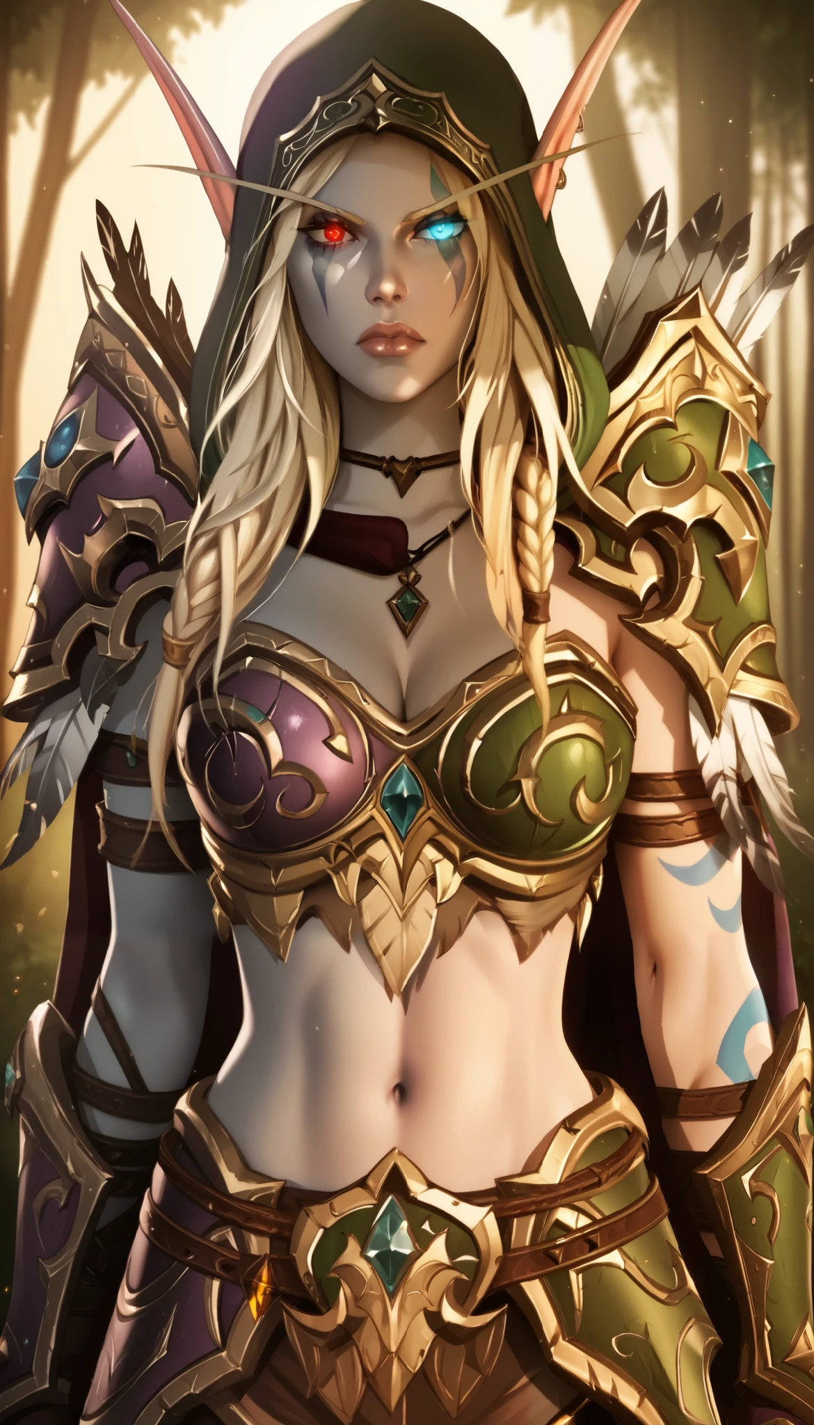 Looking at viewer, (SplitScreen, split screen, Forest background, BREAK sylwinundead, long hair, undead, white hair, grey skin, pointy ears, red eyes, hood, pauldrons, glowing eyes, breastplate, gloves, armor, cape, pants, midriff, angry, colored skin, purple hood, navel, purple armor, purple pants), (SplitScreen, split screen, Forest background, BREAK alleria windrunner, blue eyes, blonde hair, pointy ears, elf, tattoo, glowing eyes, facial mark, armor, shoulder armor, gloves, cleavage, jewelry, necklace, feathers, belt , cape, angry, Green hood, navel, green armor, green pants)