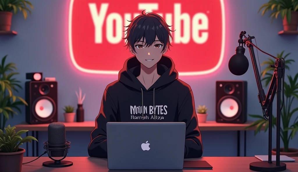 Create a image of "A 18 years anime boy, sitting in front of a computer desk with a microphone and laptop, wearing black hoodie with the Channel Name on it "MOTION BYTES ,and smiling face and upper stylish hair The background includes a large YOUTUBE logo on the wall, potted plants on either side, and various recording equipment and decoration itom. straight front of the camera.