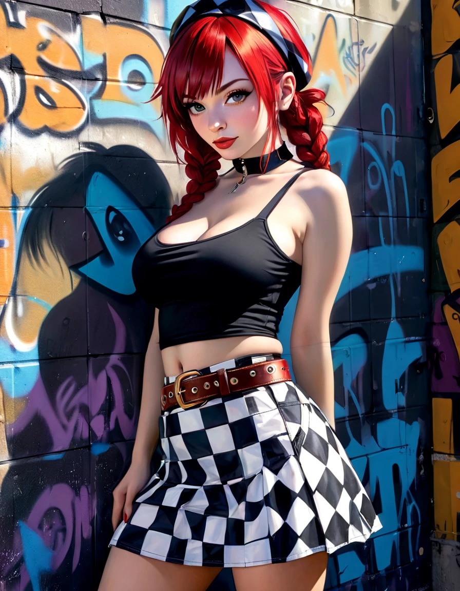 1 girl, 20 years old, hat tilted, red hair with braids, long hair, headband, thigh strap with O-ring (leaning forward: 1.2), leaning against the wall, (graffiti scenario: 1.2), split bangs, big breasts, ((black top:1.2)), (checkered skirt with belt:1.2)), abdomen, outdoors, friendly smile,(best quality, 4k, 8k, high resolution, masterpiece: 1.2), ultra-detailed, (realistic, photorealistic, photorealistic: 1.37), details intricate, vivid colors, sharp focus, professional, Dave McKean artwork, surrealism oil touch, oil painting style, portrait, woman, beautiful detailed eyes, beautiful detailed lips, dreamy atmosphere, shadow play, lighting soft, fun pose, dark tones, ethereal background, fantasy elements, texture, layered composition.