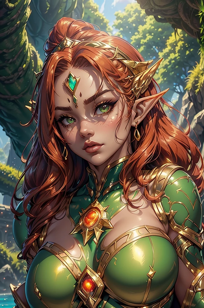 1 girl elf, (((, strong, attractive, sexy, powerful, tan skin female,)))( red hair wavy, bangs, long hair, (green eyes, statuesque oblong-shaped face, vivacious eyes, tone, long,) character shot (masterpiece), (ultra-detailed), (perfect detaill, fine and beautiful), beautiful face, beautiful eyes, (detailed face, detailed eyes), detailed lip, shiny skin, oil skin, shiny hair, sense of depth, depth of field, dynamic angle, scenery, dramatic lighting, volumetric lighting, golden hour, dangerous::2,(science ,fantasy),((magic, futuristic fantasy))  gold crown on her head, skin tight green bodysuit with gold trim, queen of atlantis, by the ocean