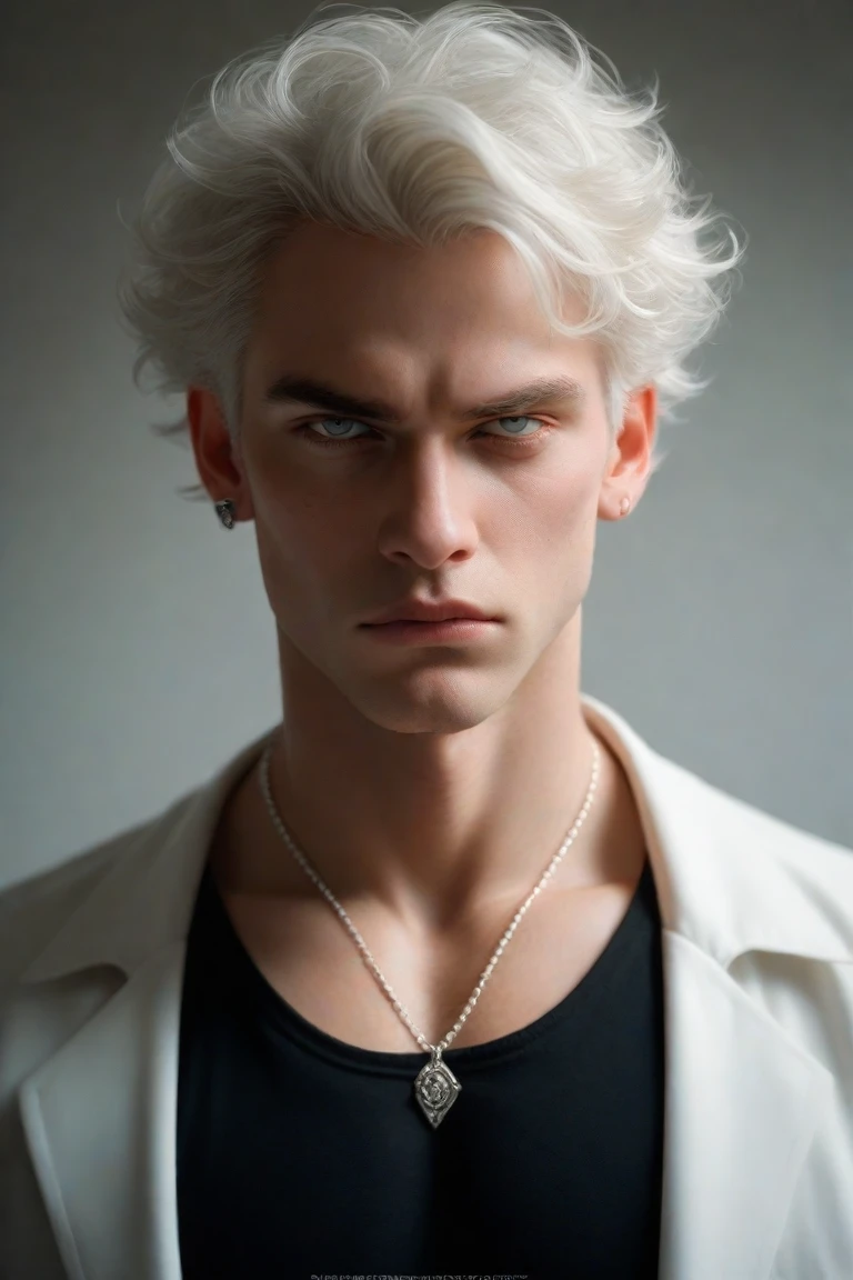 Portrait photo of young and handsome man , 20 years old , white hair , wearing nothing, artistic portrait , sexy posing , dark light , art , cinematic elegance, elegantly formal
