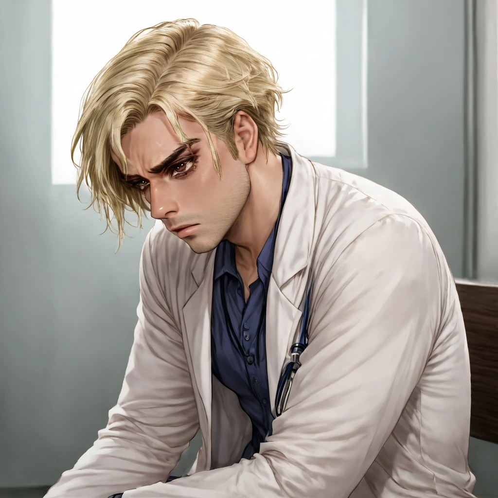 man, doctor,  beautiful ,  blond hair ,  brown eye , age 30 years, brutal, melancholy 