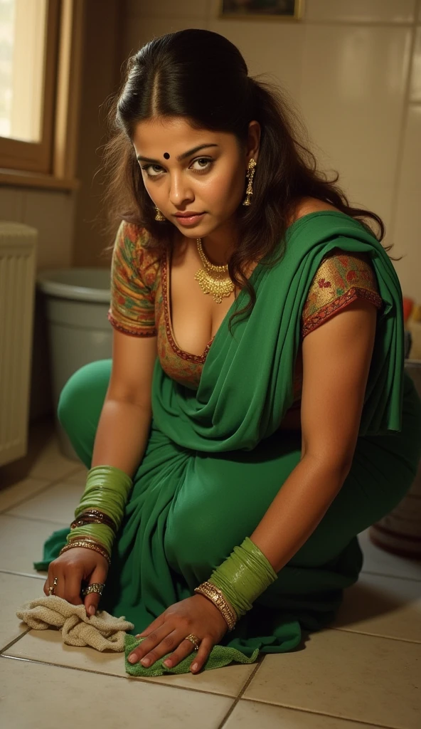 A beautiful sexyIndian bhabhi, 1woman, Bhabhi with big huge enormous gigantic humgous enormous breast,Bindi on forehead, wearing nose ring, wearing arm bands,Voluptuous body, sweaty oily skin,Sexy expression on face, work pressure, green saree, tight Sleevless blouse, ((heavy jewellery) she looks like sexy house maid),squatting position, (cleaning floor tiles with a cloth, beside a bucket full of water), (deep cleavage), photorealistic, 8k, detailed,cinematic lighting, warm color tones, highly detailed, masterpiece