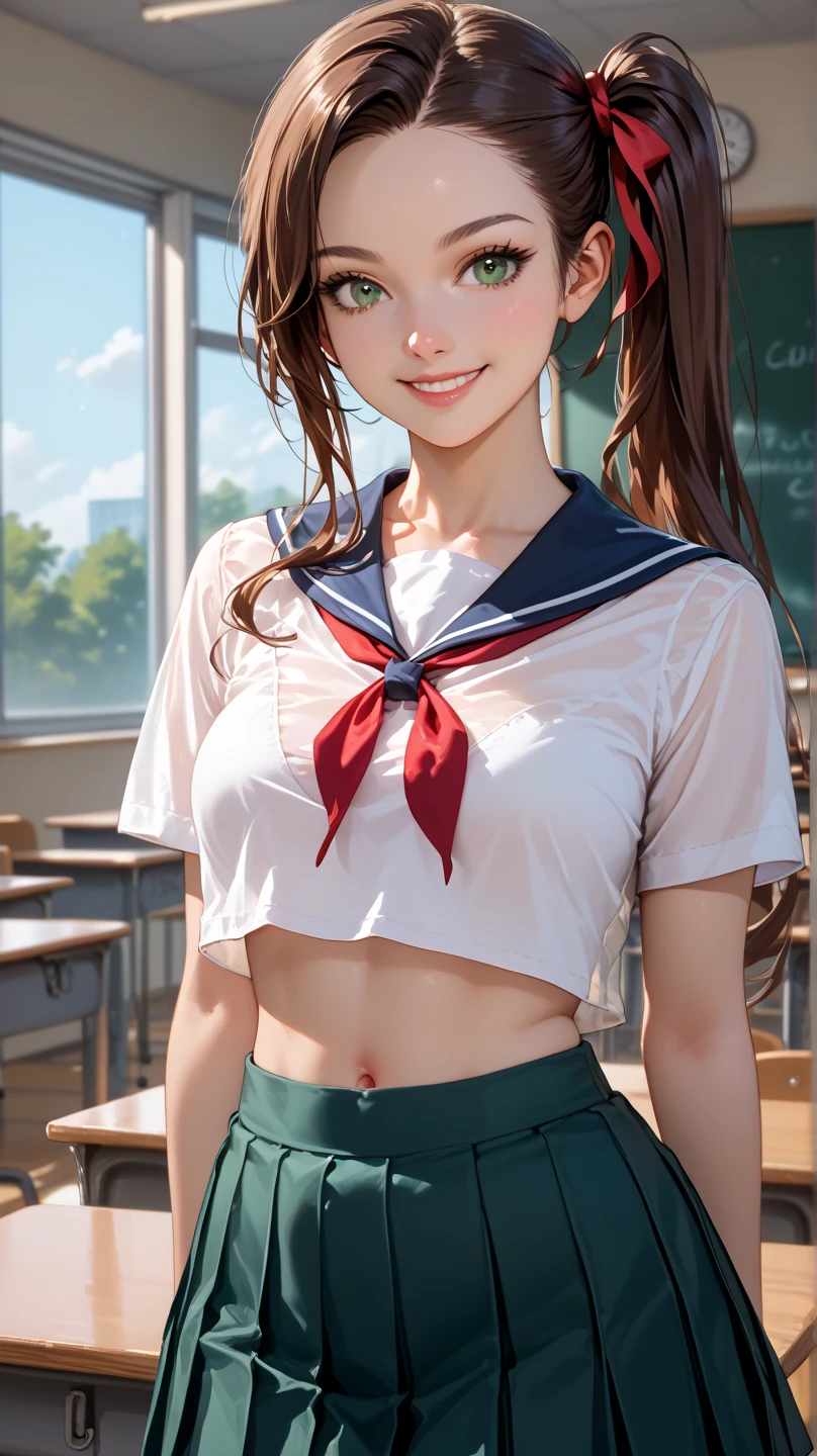 masterpiece, 1lady, JK, green eyes, slightly smile, detailed semi-long hair, dark brown silky hair, forehead, sliced back hair, side ponytail, contrapposto, hands behind back, navel, classroom, (sheer crop top white shirt), sailor suit, pleated skirt, red ribbon tie