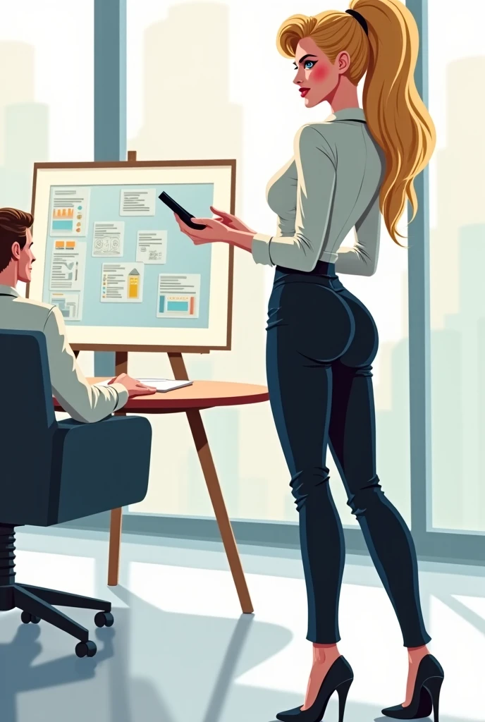 Realistic style and real women, she is Blonde with short hair, she has an hourglass figure, she has a surreal, hentai-like physique, with exaggerated curves that showcase large buttocks and voluminous breasts and she is very slim photorealiste,
On the poster, she appears in a scientist's outfit, wearing a crisp white blouse that symbolizes professionalism and rigor. Her hair is pulled back in a neat ponytail, giving her a serious yet approachable air.
She stands next to a large informative poster, featuring detailed illustrations of sperm and its production. Colorful graphics and clear diagrams show the different stages of spermatogenesis, making the subject understandable to all.
Her expression is engaging, and she points with a pen or laser pointer to key elements of the poster, while explaining the processes in a concise and educational way. The text is written in simple language, designed to inform and capture the audience's attention.
The poster's background is bright and attractive, with eye-catching graphic elements that underline the importance of the theme. The overall composition conveys an image that is both instructive and captivating, while at the same time emphasizing its expertise as a scientist.