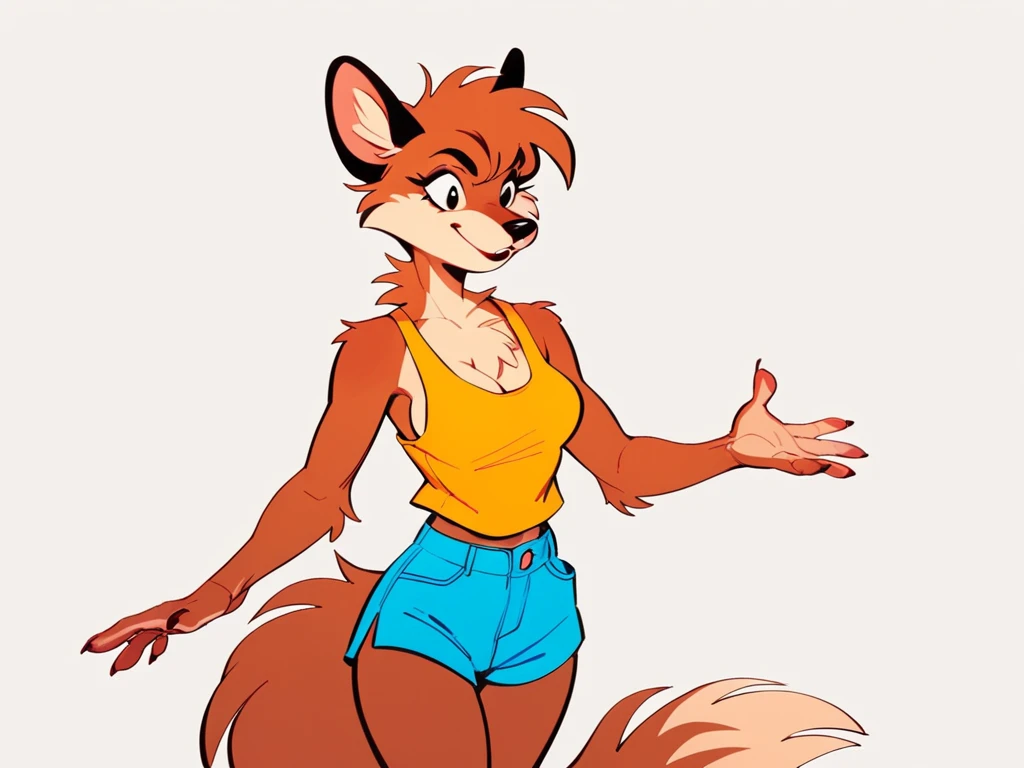 
"An anthropomorphic wolf-like character with a classic 2D cartoon style. She has a confident and playful demeanor, standing with her hands on her hips. Her design features bold lines, a warm brown fur coat, a fluffy tail, and distinct white fur accents on her chest and tail tip. She wears a yellow tank top and blue shorts, adding a casual, approachable vibe. The overall aesthetic blends retro cartoon charm with modern detail, reminiscent of vintage hand-drawn animation."