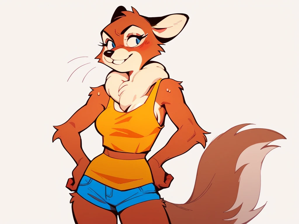 
"An anthropomorphic wolf-like character with a classic 2D cartoon style. She has a confident and playful demeanor, standing with her hands on her hips. Her design features bold lines, a warm brown fur coat, a fluffy tail, and distinct white fur accents on her chest and tail tip. She wears a yellow tank top and blue shorts, adding a casual, approachable vibe. The overall aesthetic blends retro cartoon charm with modern detail, reminiscent of vintage hand-drawn animation."