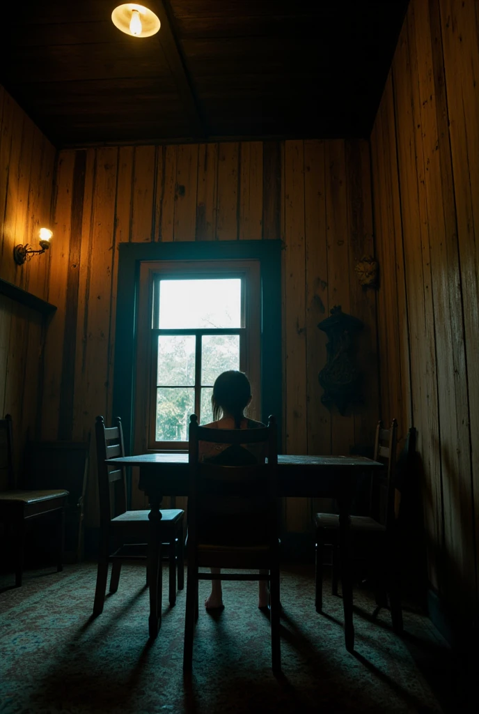 Ultra realistic photo in the middle of the old house room, shabby from wood that is a bit rotten, there is a dining table and chairs made of wood in the middle of the room, dim lighting from wall lamps. there is a wooden window closed in the dim night. there is a girl sitting in the chair of table