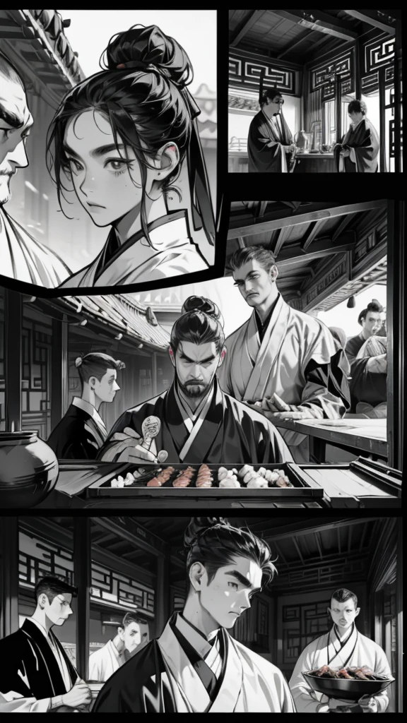    comics、Black and White、4 scenes、Chinese style、The final scene of the barbecue