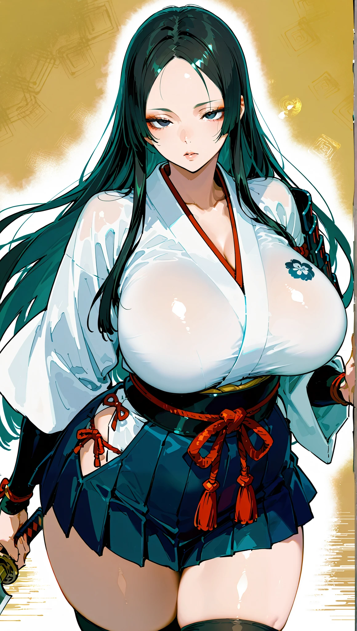 score_9, score_8_up, score_7_up,(hi-quality,high resolution),Black hair, straight long, [[parted in the middle]], forehead,(japanese armor,chest),white kimono, black miniskirt,knee socks, big breasts, dark eyes, slanted eyes, (curvy body),holding a sword, in battle,((cowboy shot))SimplePositiveXLv2