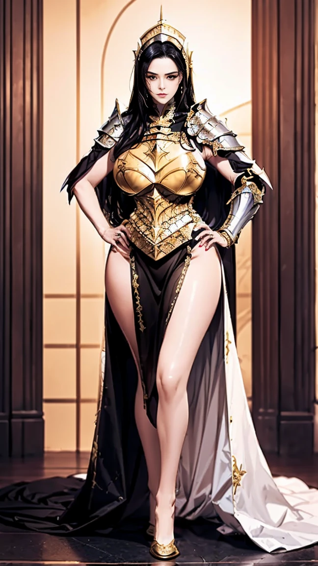 goddess and silver metal flowers in temple, full body shot,giga_busty