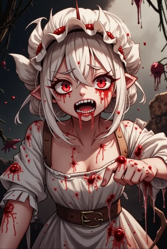 of a real，Perfect facial features，Realistic skin texture，Cute baby vampire girl，closeup cleavage，head portrait，with her mouth open，（See the throat：1.4），Blood-red eyes，（long canine teeth：1.4），There is blood on the teeth，long whitr hair，（blood stains at the corners of the mouth：1.4），Blood，depth of fields，dynamic blur，high light，Real light，Ray traching，oc rendered，Hyper-realistic，best qualtiy，8K，Works of masters，super-fine，Detailed pubic hair，Correct ???????，sharp focus on eyes，Bokeh，Facial features are carefully depicted