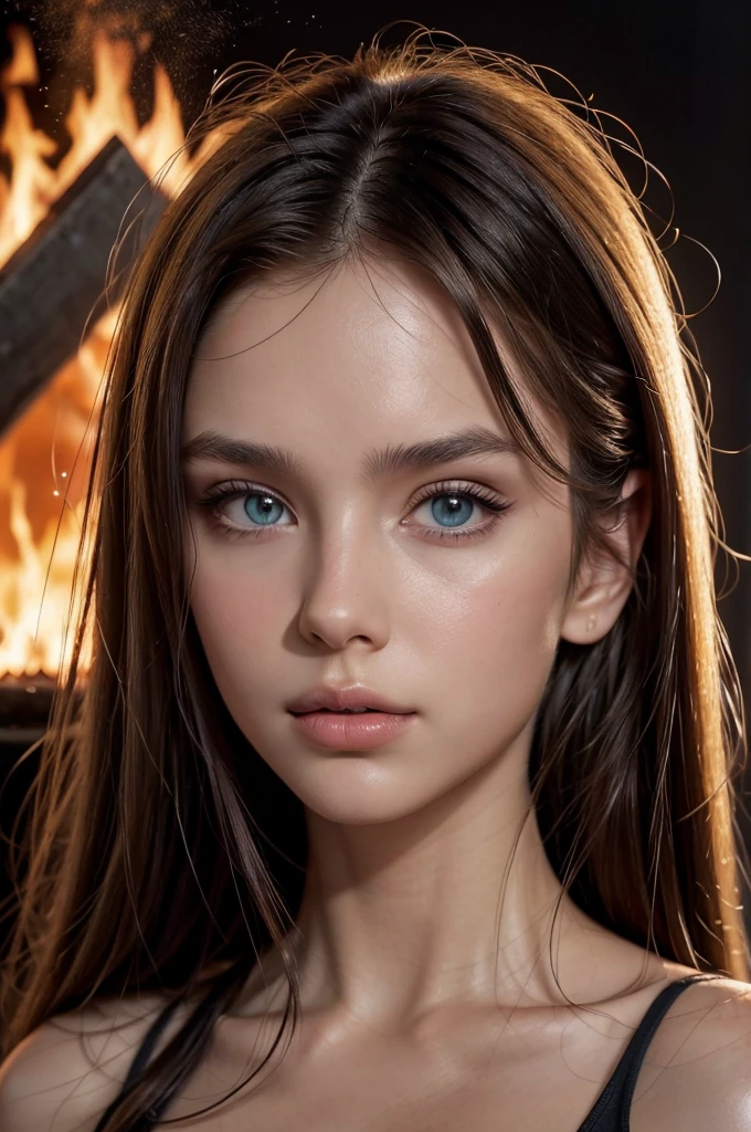 Up close portrait of a woman, beautiful face and eyes, fire in the background, fire lighting up face and in reflection, sultry and dark