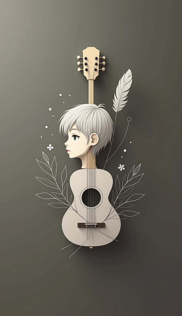 A minimalist, fantastic, poetic, dreamy, captivating, memorable, masterpiece, modern, simple logo design of a boy and a feather for the brand “Penamemoria". The logo must convey a sense of music, stories and dreams. Minimalistic logo design of a boy´s face, an acoustic guitar and a feather.