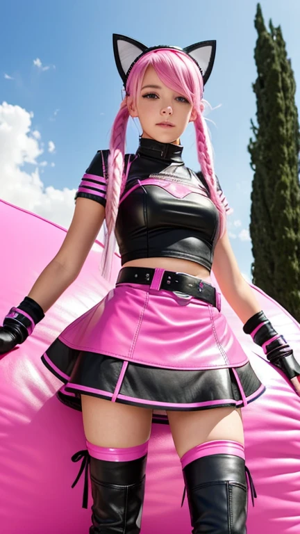  ager with pink hair ,  slim model , pink leather korsett , tüll skirt pink ,  leather arm warmers blue,  knee-high leather boots, Cat ears, bouncy castle, twintails

