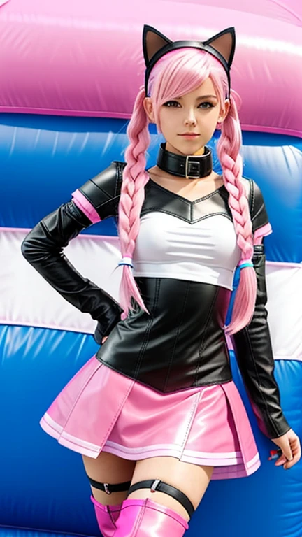  teenager with pink hair ,  slim model , pink leather korsett , tüll skirt pink ,  leather arm warmers blue,  knee-high leather boots, Cat ears, bouncy castle, twintails

