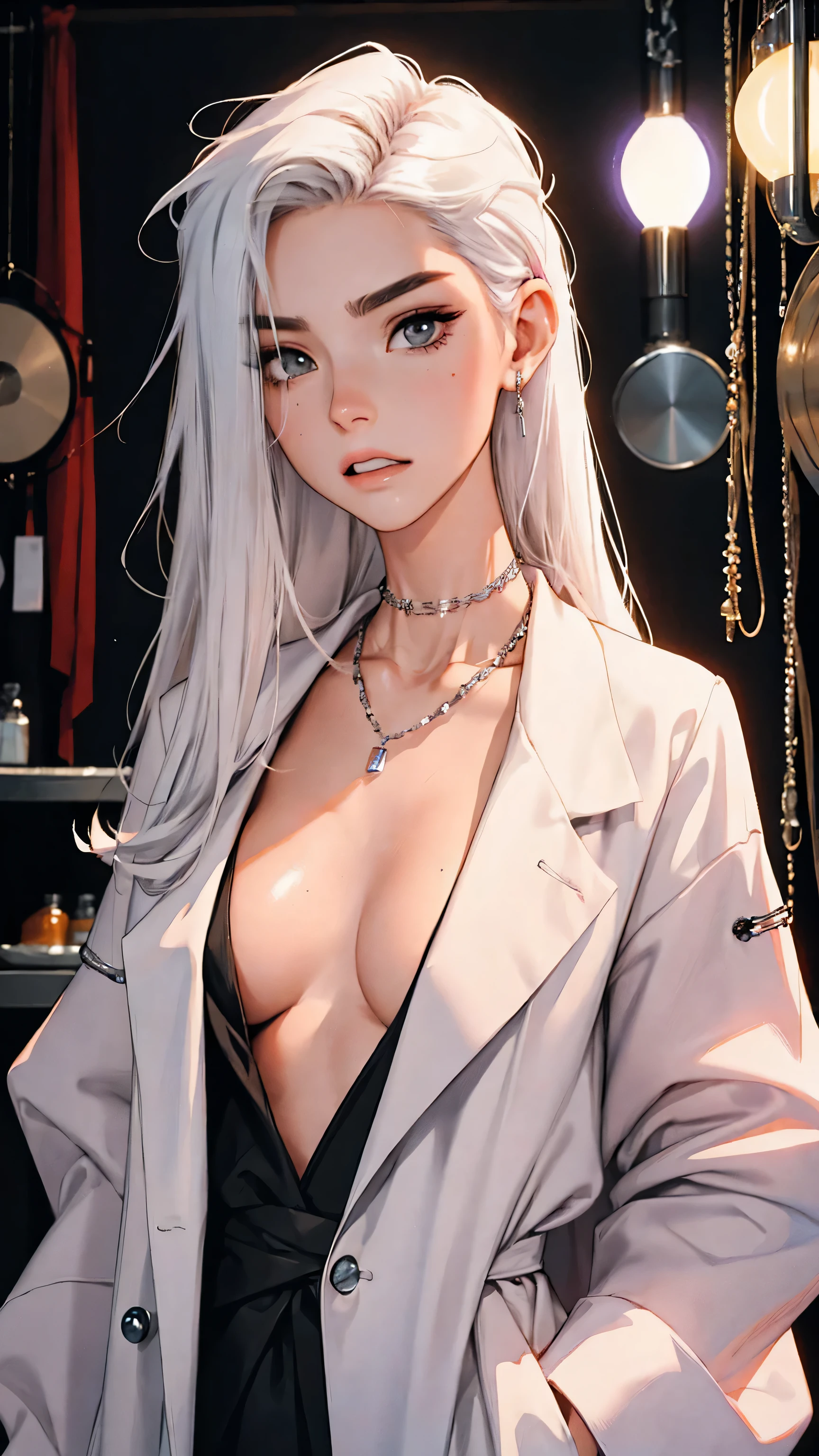 (lifelike, high - resolution:1.3), 1 girl with a perfect body,slender body, Supene face and eyes,assasin, dark makeup, shiny skin,white hair, ((doctor, labcoat)),Expose cleavage, (bracelets, tooth jewelry, a lot of necklaces, very long necklaces, necklaces down to stomach, body chains, waist chains), shiny skin