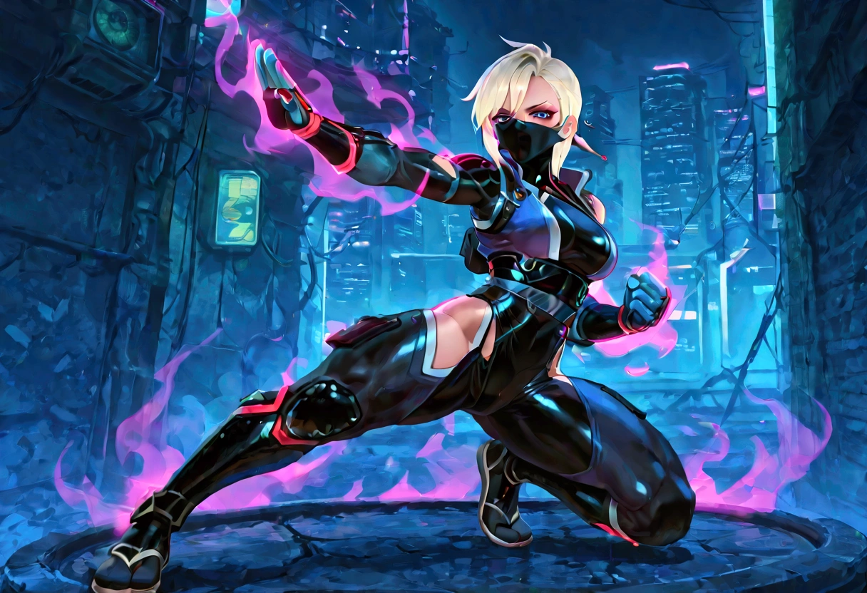 Female ninja, wearing cyberpunk ninja clothes, sexy, well-toned abs, throwing shuriken, cyberpunk, fighting