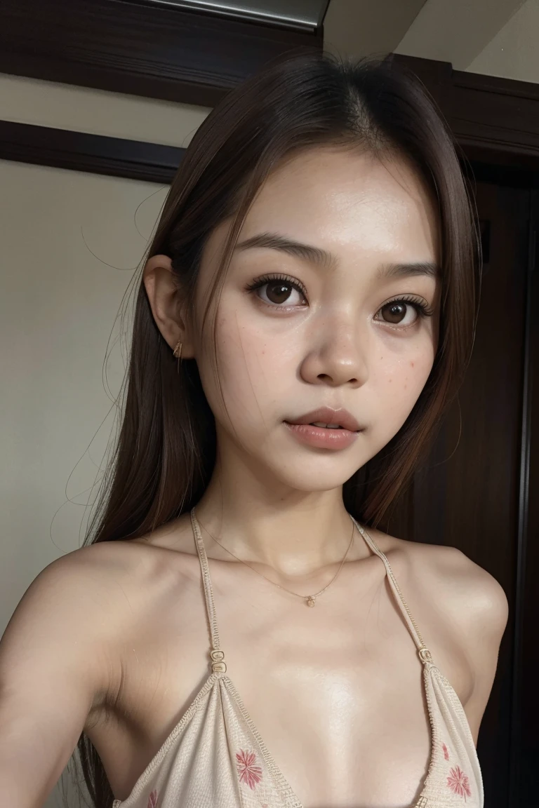 bikini, Naked, (((MALAY GIRL))), masutepiece, High quality, UHD 32K, Realistic face, Realistic skin feeling , A Japanese Lady, , , Very cute and baby-like face, (((medium breast))), (MATRIX WORLD), ((look In front  at the camera and SADNESS)), ((())), (((CUTE GIRL))), ((BROWN LIPS)), wering lingerie Floral Pattern 