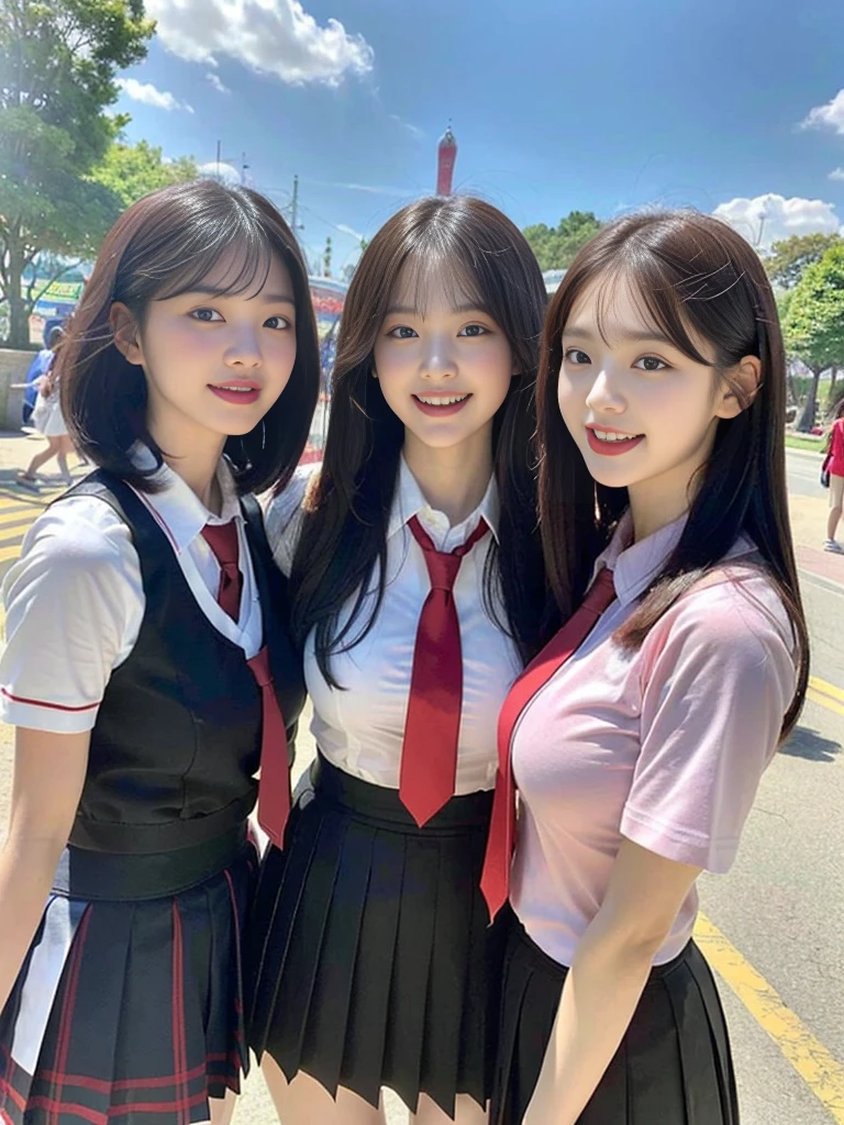 ( super cute Korean schoolgirl getting along well with her 2 beautiful best friends commemorative photo :1.2)( laughing in front of the car :1.2)(Beautiful Sweat:1.1)(16k,  RAW photos ,  top quality , masterpiece: 1.2),( The glossy and beautiful black bob cut is blown by the wind and sways softly:1.1)  super detailed ,  Super Resolution, (Genuine, Genuine photos: 1.37),  portrait,  High Resolution RAW Color Photos,  Pro Pictures,  very detailed, 8k wallpaper,  very detailed CG Unity 8k wallpaper,  very detailed beautiful girls,  very detailed faces, ((whole body)), beautiful woman,  huge breasts,(huge boobs:1.1) ( big boobs in the tub:1.1), Beautiful schoolgirl ( cute school uniform,School-designated summer short-sleeved shirt＆ red tie and shirt uniform ),high school girl,  Korean Girl,(K-POP Female Idols), (Idol-level beauty)(Beautiful high school girl:1.1)(In front of the giant attraction at an amusement park on a sunny day)(()(Date:1.2)( group photo :1.2)