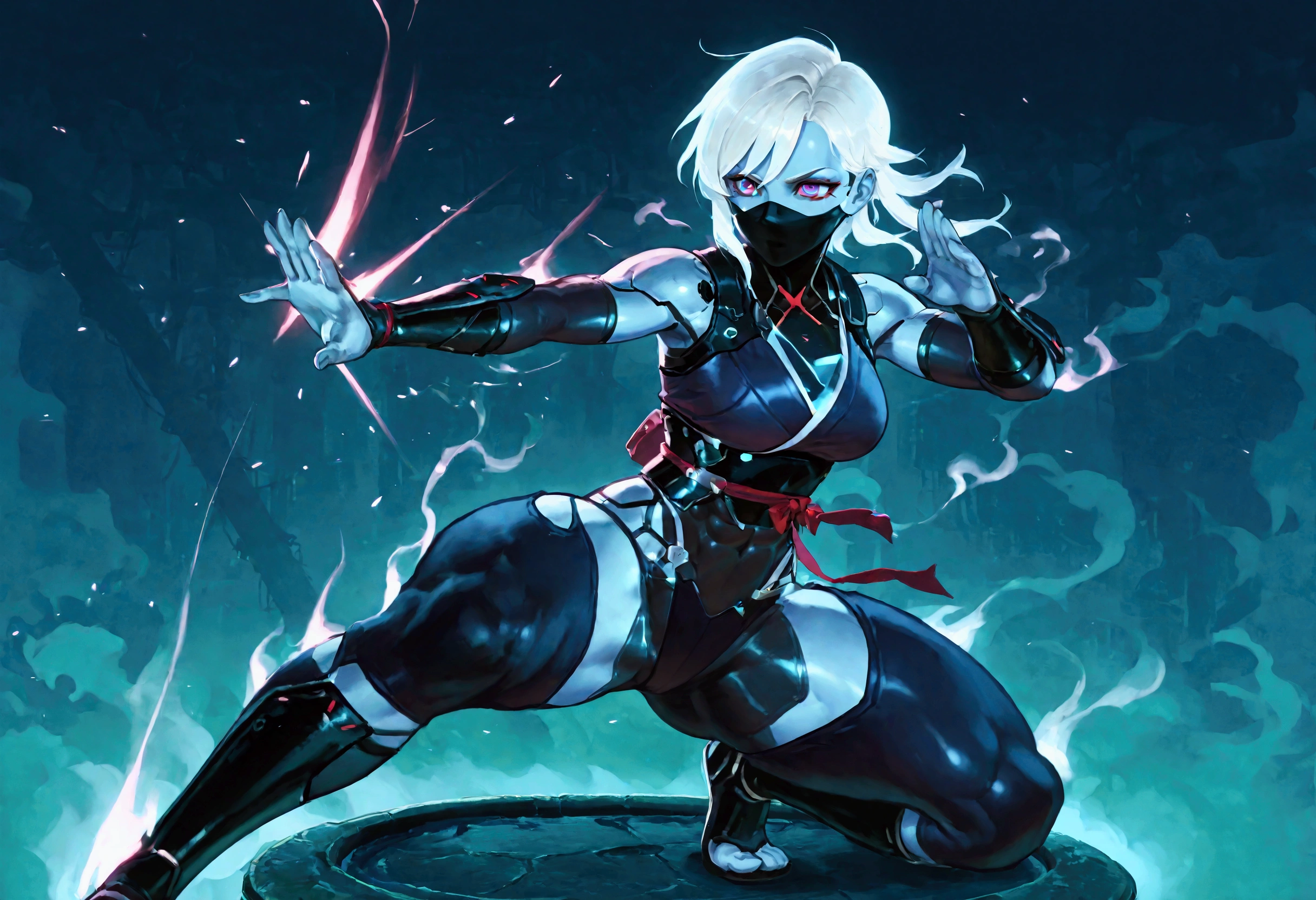 Female ninja, wearing tattered ninja clothes, sexy, well-toned abs, ghostly lighting, sickly mist and fog permeates the air, cyberpunk, fighting stance