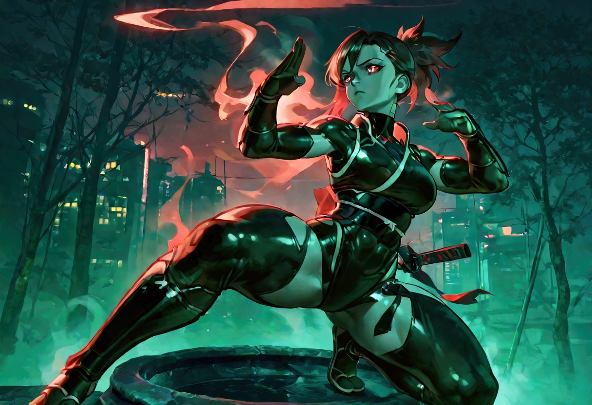 Female ninja, wearing tattered ninja clothes, sexy, well-toned abs, ghostly lighting, sickly mist and fog permeates the air, cyberpunk, fighting stance