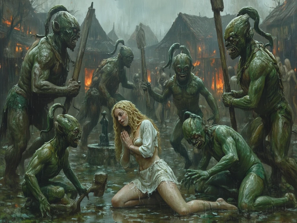  part 6  : ((  high resolution,   ultra-detailed frame  )),  ((  ,  focusing on the subtle details and atmosphere of the stage  ))spring,  rainy weather ,   medieval themes  ,   all characters are visible in the picture  , : - fat   , Green,   naked with huge clubs in their hands   ,   have sharp teeth  ,  long claws ,   An abominable face  . 
   1- In In the background, we see a burning village in a swamp   ,    the square with a stone fountain in the middle of the square   ,    small burning wooden houses covered with moss  ;
  - naked women in the background   ,  torn clothes ,    kill creatures   ,   leprechauns  ;
 - three  leprechauns  surrounded the blonde girl in a torn dirty and wet medieval white blouse and a torn white skirt revealing her bare feet wet and dirty in the swamp,    with a beautiful face blond curly   ,   long hair,  blassrosa Haut ,    thin girl with big beautiful breasts  , Round ass , ,   the girl kneels with legs wide open   ,    with her hands pressed to her chest in a praying position   ,    on the very beautiful face of a girl with plump beeps and reddened cheeks in her temples  ,   fear and despair The expression is   .