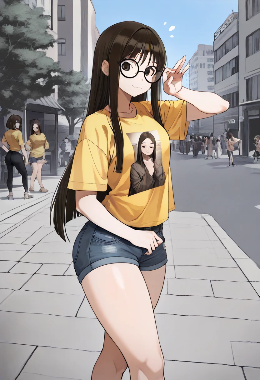   photo of a brunette woman wearing black-rimmed glasses, long straight hair ,  yellow t-shirt  ,  short and tight denim shorts , thick legs ,funny pose ,   posing on a sunny day on the street  , Characterize the photo of asphalt   , After, buildings, 