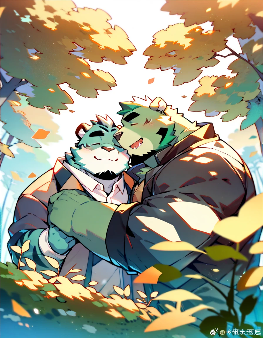 a bear and tiger furry couple kissing cutest,  bear and tiger couple, furry muscle tiger, tall muscle bearded green bear, SFW, cool wear, high resolution, high quality, masterpiece 