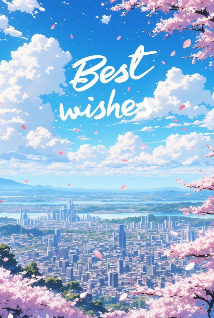 "Best wishes" written on snowflakes and cherry blossom petals falling from the sky, a peaceful townscape, magnificent view, from above