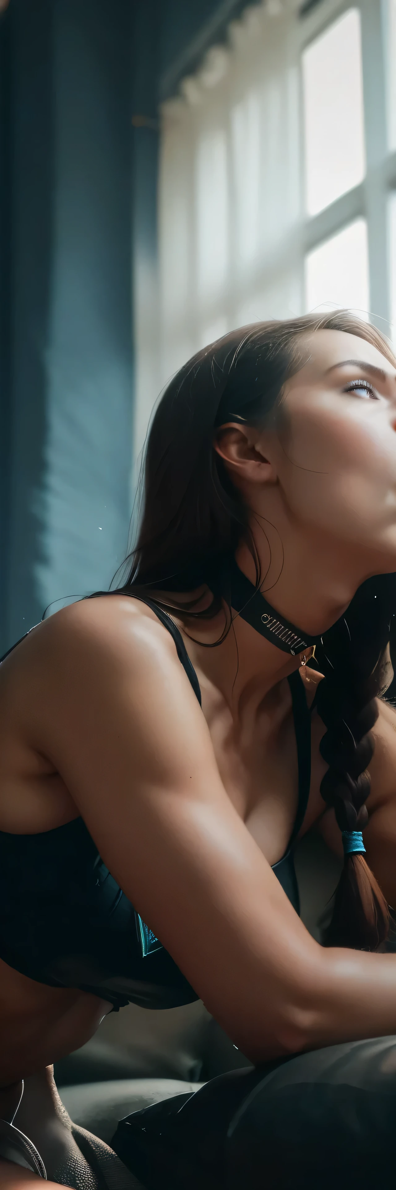 (sfw),A woman with a choker that reads "daddy's pet" ,dildo,deepthroat, photorealistic, hyper detailed, 8k, cinematic lighting, dramatic angle, masterpiece