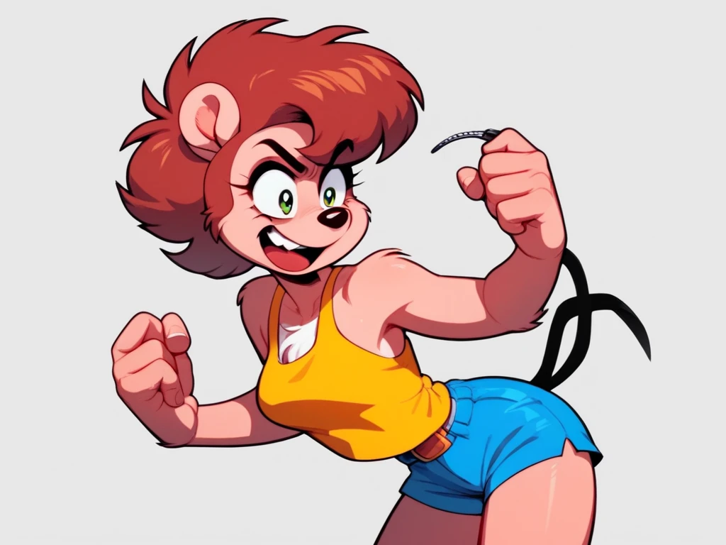 "An anthropomorphic mink character with a slightly off-brand, retro 2D cartoon aesthetic. Her fur is a rich brown, accented by white patches on her chest and tail, with a fuller, rounder physique than the original Minerva Mink. She wears a tight yellow tank top and blue shorts, giving her a casual, everyday look that contrasts with her original glamorous persona.

Her hairstyle is exaggerated, with wild, spiky bangs and a fluffy ponytail that echoes a hand-drawn, low-budget charm. Her green eyes are sharp and expressive, but the overall design feels more grounded and subdued, trading Minerva’s elegance for a more cheeky, mischievous vibe. The animation style uses thick black lines and a slightly grainy texture, mimicking the feel of vintage cartoons exported for international markets.