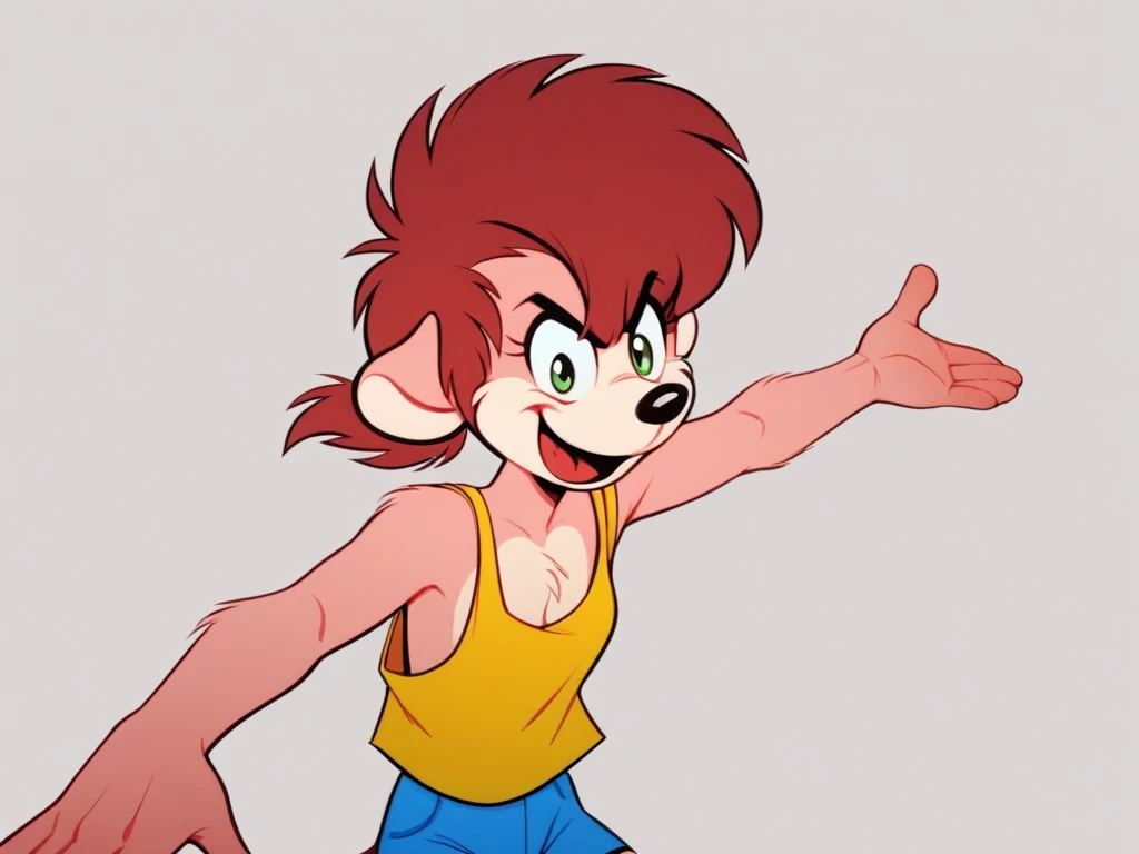 "An anthropomorphic mink character with a slightly off-brand, retro 2D cartoon aesthetic. Her fur is a rich brown, accented by white patches on her chest and tail, with a fuller, rounder physique than the original Minerva Mink. She wears a tight yellow tank top and blue shorts, giving her a casual, everyday look that contrasts with her original glamorous persona.

Her hairstyle is exaggerated, with wild, spiky bangs and a fluffy ponytail that echoes a hand-drawn, low-budget charm. Her green eyes are sharp and expressive, but the overall design feels more grounded and subdued, trading Minerva’s elegance for a more cheeky, mischievous vibe. The animation style uses thick black lines and a slightly grainy texture, mimicking the feel of vintage cartoons exported for international markets.