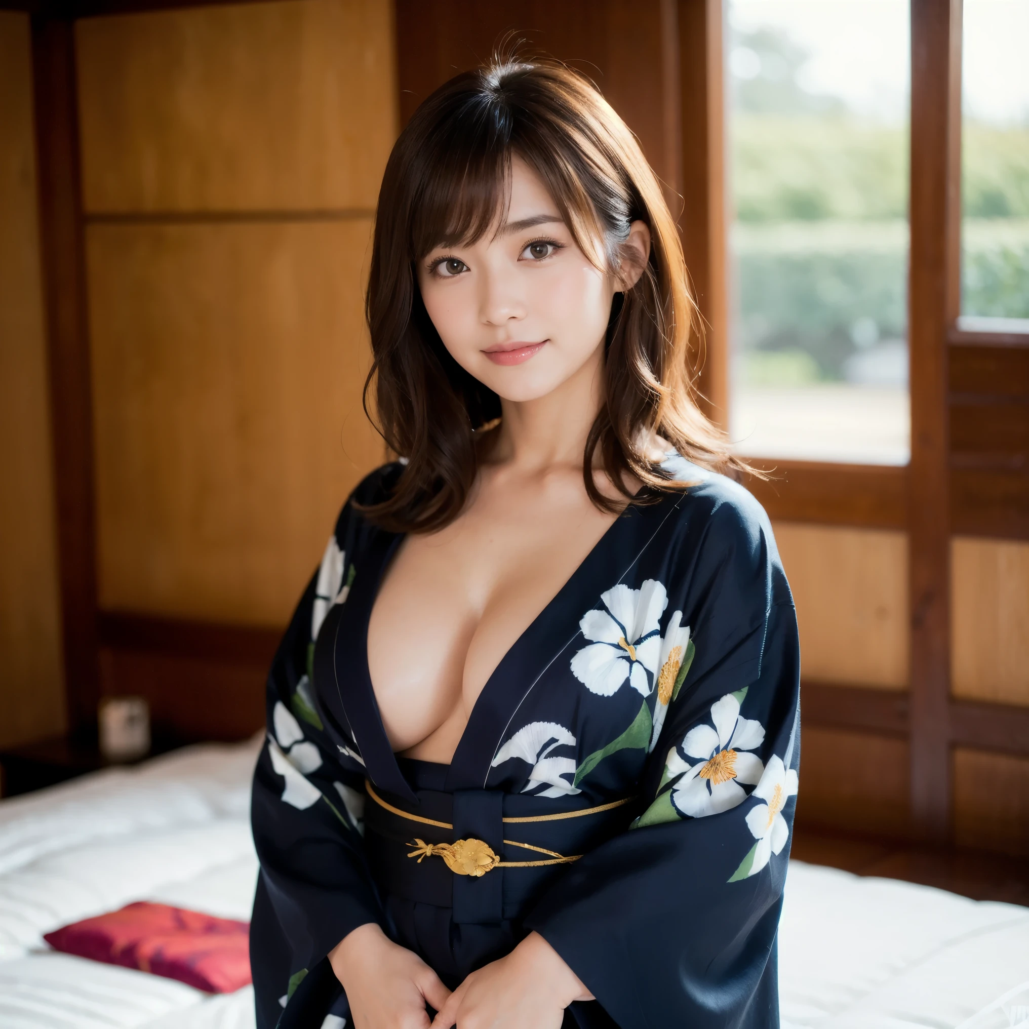 (masterpiece,  top quality :1.4),  beautiful faces, 8k, 85 mm,  absurd , (( full body shot:1.3))、((Dark hotel bedroom))、(Yukata for hot springs:1.4),  brown hair,My curly hair is hanging up ,Hot skin after taking a bath , I can see my cleavage with my yukata off,はしゃいだsmile, Cowboy Shot 、Violace , Gardenias,  Delicate Girl, Alone,  long bob hair 、  knight ,  looking at viewers,  upper body,  film grain,  Color Difference,  Sharp Focus, Face Light,   Professional Writing , Sophisticated, (smile:0.4), ( simple background , Bokeh Background:1.2), detail face