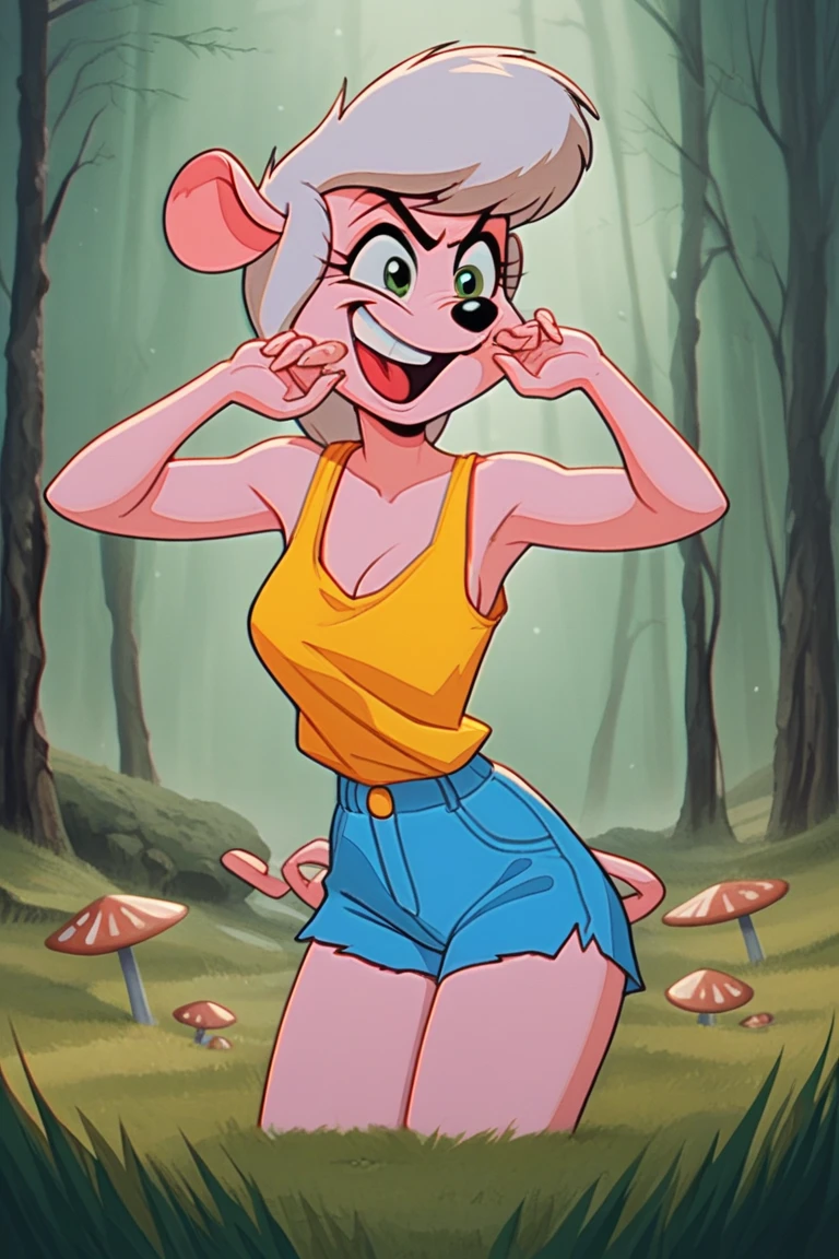 A South Korean bootleg version of Minerva Mink would have a distinctive and slightly off-model design typical of unauthorized adaptations. Here's how she could appear:

"An anthropomorphic mink character with exaggerated cartoonish features, slightly reminiscent of Minerva Mink but with a quirky, off-brand twist. Her fur would be a warm brown, with white accents on her chest and face, but her proportions might lean toward a more stocky and robust build compared to the original. She wears a tight yellow tank top and blue shorts, emphasizing a casual and slightly mismatched aesthetic.

Her facial features are expressive but slightly overemphasized, with thickly outlined green eyes, a sharp nose, and a mischievous grin. The animation style would mimic vintage 2D cartoons, with bold lines and vibrant colors but an uneven, hand-drawn quality. This version might also include unique cultural adaptations, such as Korean-inspired accessories or poses, while retaining a retro, 1980s-90s cartoon vibe.

The bootleg character’s world might feature lush forest backgrounds with oversized mushrooms and exaggerated trees, all rendered in a style that blends colorful, surreal elements with slightly off-kilter details that scream 'bootleg charm.'"