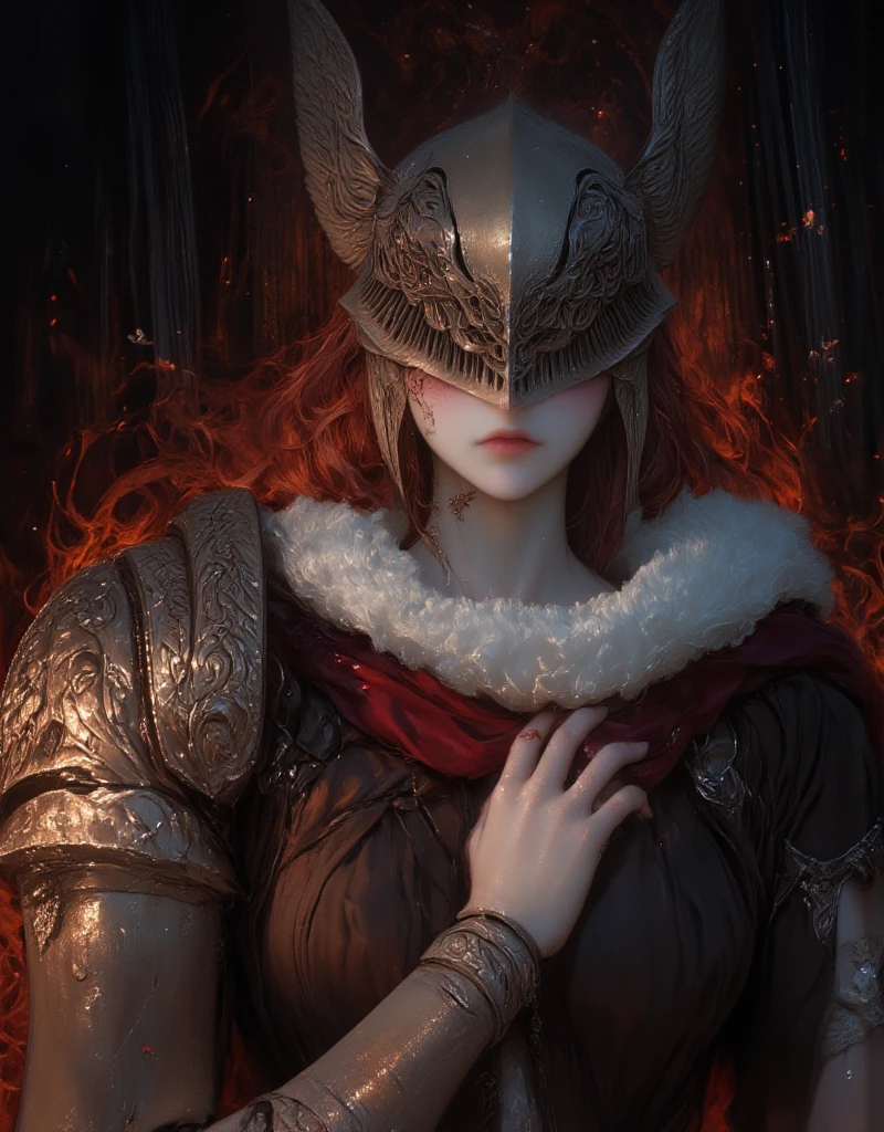 1girl look at me, white style, trump, luxury, exquisite digital illustration, dark fantasy, intricate art work, elden, ring, MaleniaNorm, covered eyes, scar, IncrsBurntScar,small breasts ,peeking out upper body, dresseing their armor, ((gigantic breasts:2.0)), dark, background black castle, black columns, reddish hair,
