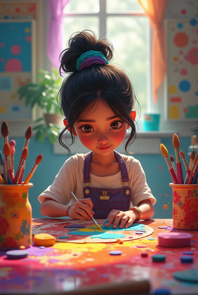 outline: Show a person painting or drawing in a studio, with expressions of concentration and pleasure.
detaileds: Use vibrant colors and a creative environment to convey the idea of using art as a way to express and process emotions..