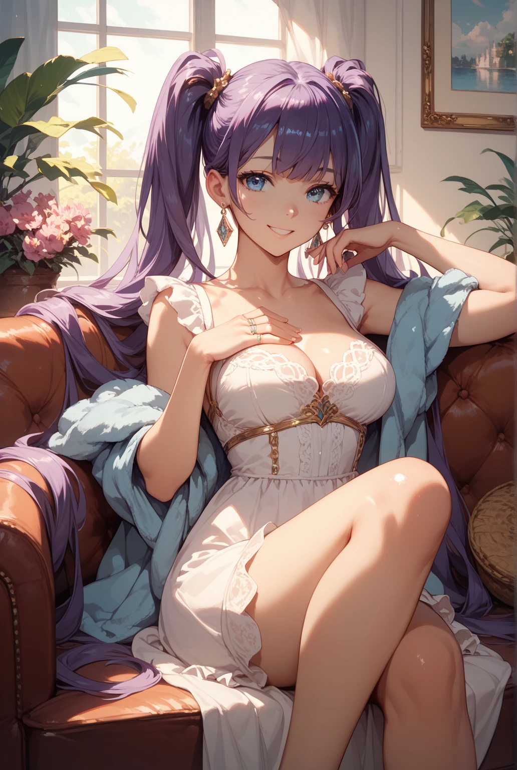 young girl, long purple hair, cat ears, cat tail, blue eyes, white luxury dress, Masterpiece, hiquality