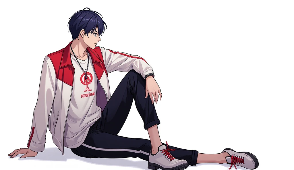 (masterpiece), misteryous male character sheet in manhwa style, sit pose, with a jacket clothing holding red lighting, determinated serious expression, and well detailed, showing different angles, a bit realistic, simple lines, white background (clean coloring)