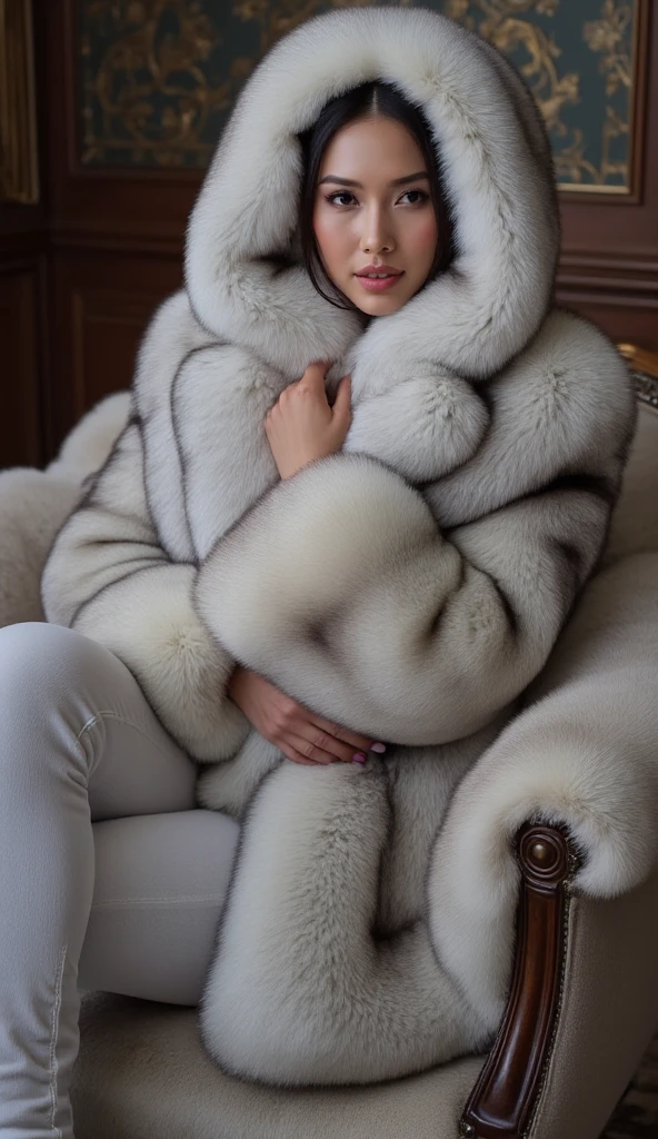 Beautiful asian woman, wearin a silver f0x fur coat, sit on the fur couch, wear fur hijab, and fur trousers, full body shots, adorable, gorgeus, 