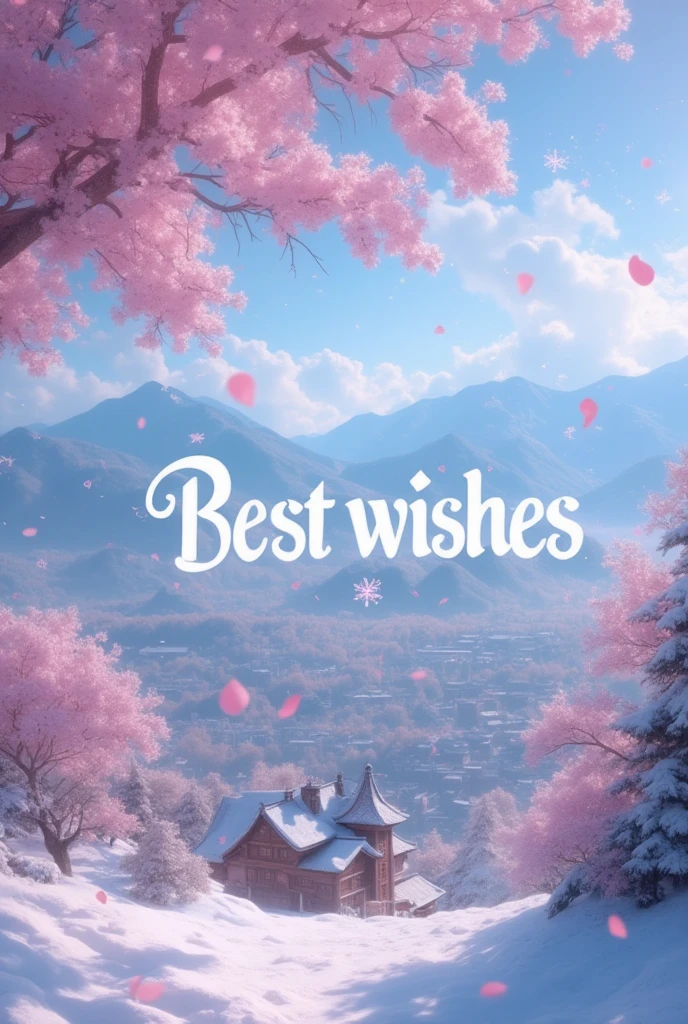 "Best wishes" written on snowflakes and cherry blossom petals falling from the sky, a peaceful townscape, magnificent view, from above