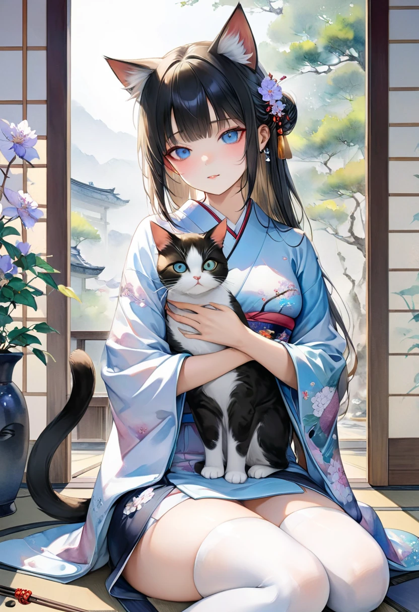 Art style of painting in Niederland.Kitten Ear Girl Wearing Japanese Kimono,Side-sitting position .Holding a cat ,Shoulder to look. Zen and Wind courtyard background.白色透明的Realistic畫作, Color Watercolor Rendering , Face Texture Clear ,, Messy Stroke ,.Realistic、Super detailed、 Curved hips 、 top quality 、masterpiece、超高分辨率數位藝術影像超現實主義masterpiece最佳品質( Perfectly correct and perfect anatomy )
