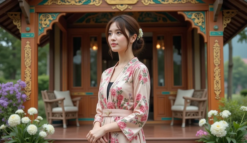 A young woman named Sinta, wearing a graceful traditional Indonesian kebaya, standing in front of a beautifully decorated wooden house. She has a gentle and hopeful expression as she looks into the distance, symbolizing her dreams for the future. The background features a small village setting with colorful flowers, traditional decorations for a wedding, and a peaceful countryside atmosphere."
