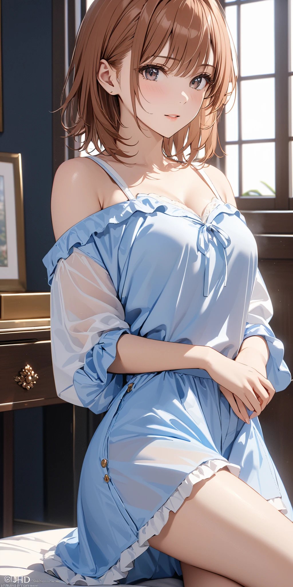 maidennurse、Bare-skinned maiden、(Lie face up)、Hands separated by chains、((Off-shoulder translucent white blouse))、(Loose red bow tie)、((Translucent wet white panties))、(Wet silver-white hair)、(blue eyess)、(Full Body Angle)、(she is soaking wet)、