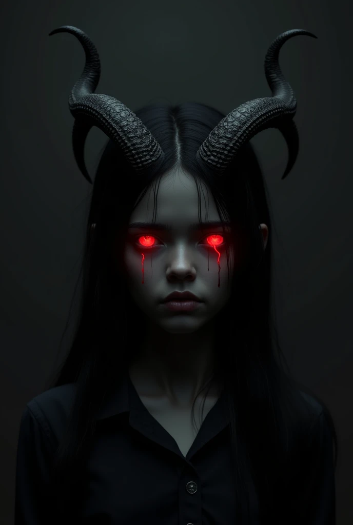 Full body view of an 8 year old girl transforming into a demon with demonic horns a demonic third eye in the center of her forehead fiery red eyes a demonic heart and demonic tattoos all over her face neck and body