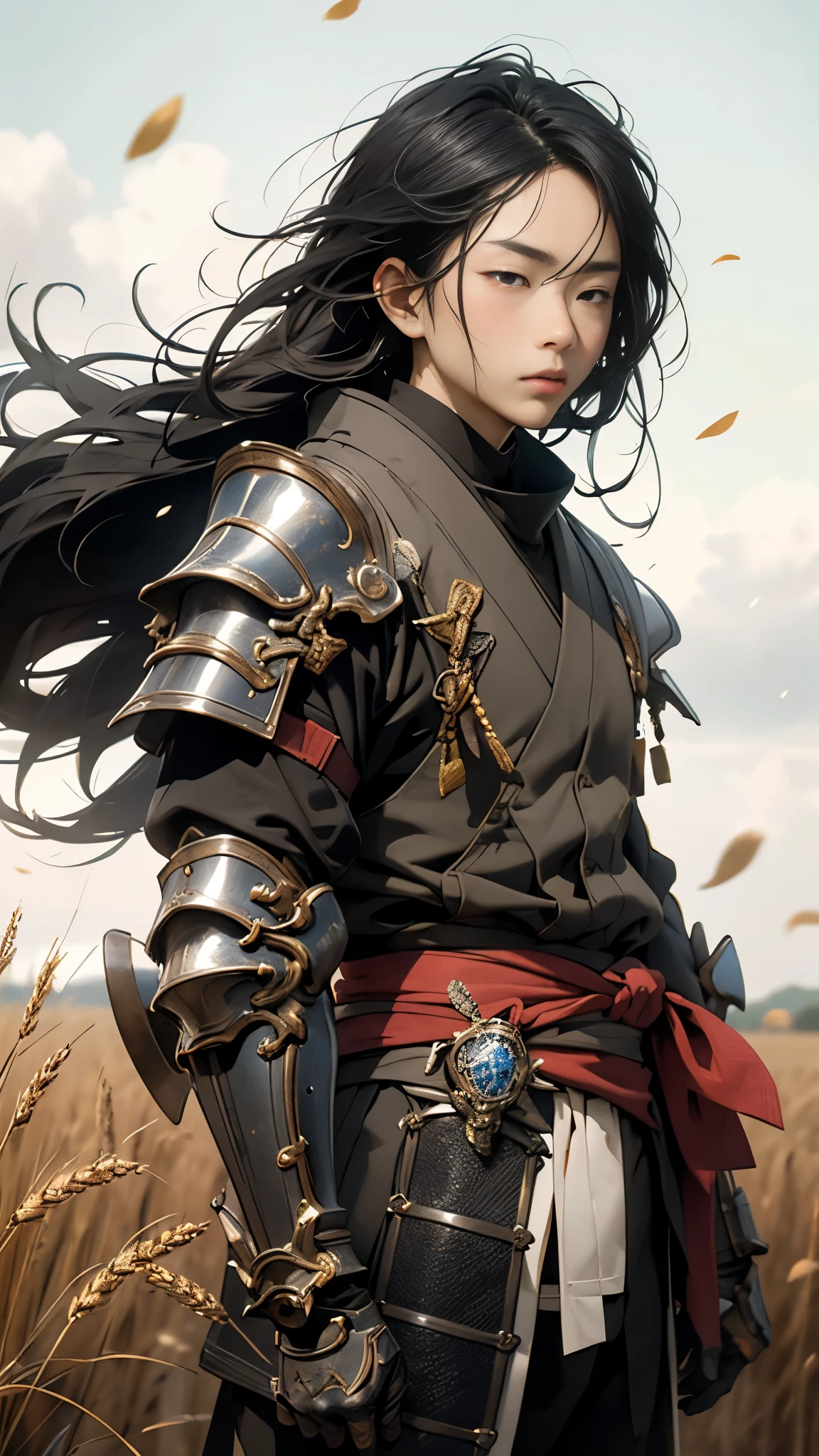 Live Action、 Genuine、(((AS-Adult))), Crouch Down , Handsome Samurai, Perfect Figure , Modern samurai , Wear gloves ,,It is made with protective equipment, upper body、Hold the sword with both hands、Wheat-colored wheat field , In the case of a high resolution poster , straight hair , Minimum clothing, armor, full of tips and rivets , , ( Straight Black Hair、hair blowing in the wind、