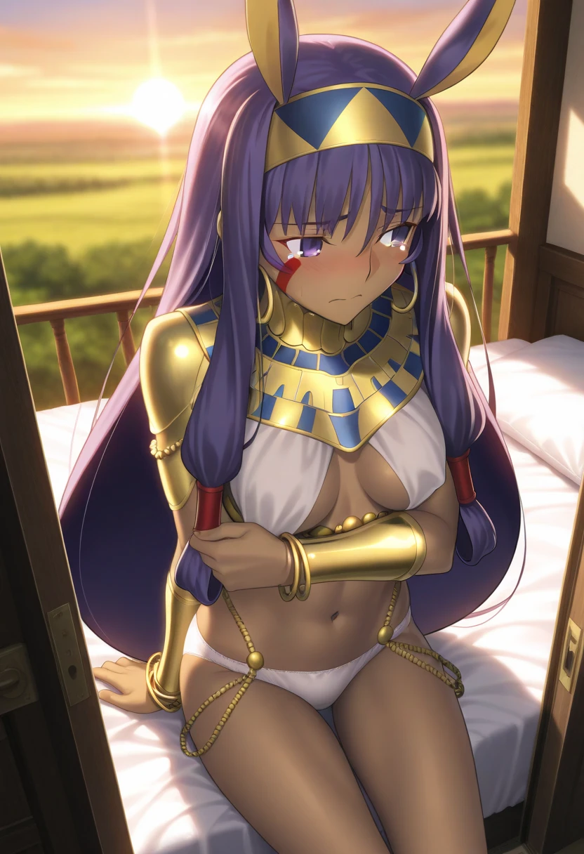 masterpiece, , absurdres, highres, detailed background, high resolution, masterpiece, necessary, detail, best quality, quality, necessary, details, High details, Precise,, in door ,sunset,outdoors,lens flare,blurry background,, (from above),
                                                                                                                                                                                                                                                                                                                                                                                                                                                  
girl, detailed, Nitocris, nitocris (fate), nitocris,, Takeuchi Takashi (type-moon,fate) style, takeuchi takashi style, ,

sitting on bed, arm under breasts, looking away,

girl, mature, Nitocris, nitocris (fate), nitocris Fate Grand Order, fate, Fate Grand Order, long hair, purple hair, purple eyes, half eyes closed, tan skin, animal ears,  tears,                                                                                                                                                                                                                 bracelet, bracer, earrings, hairband, hoop earrings, jewelry, navel, revealing clothes,, white panties , blush,, small breast, 