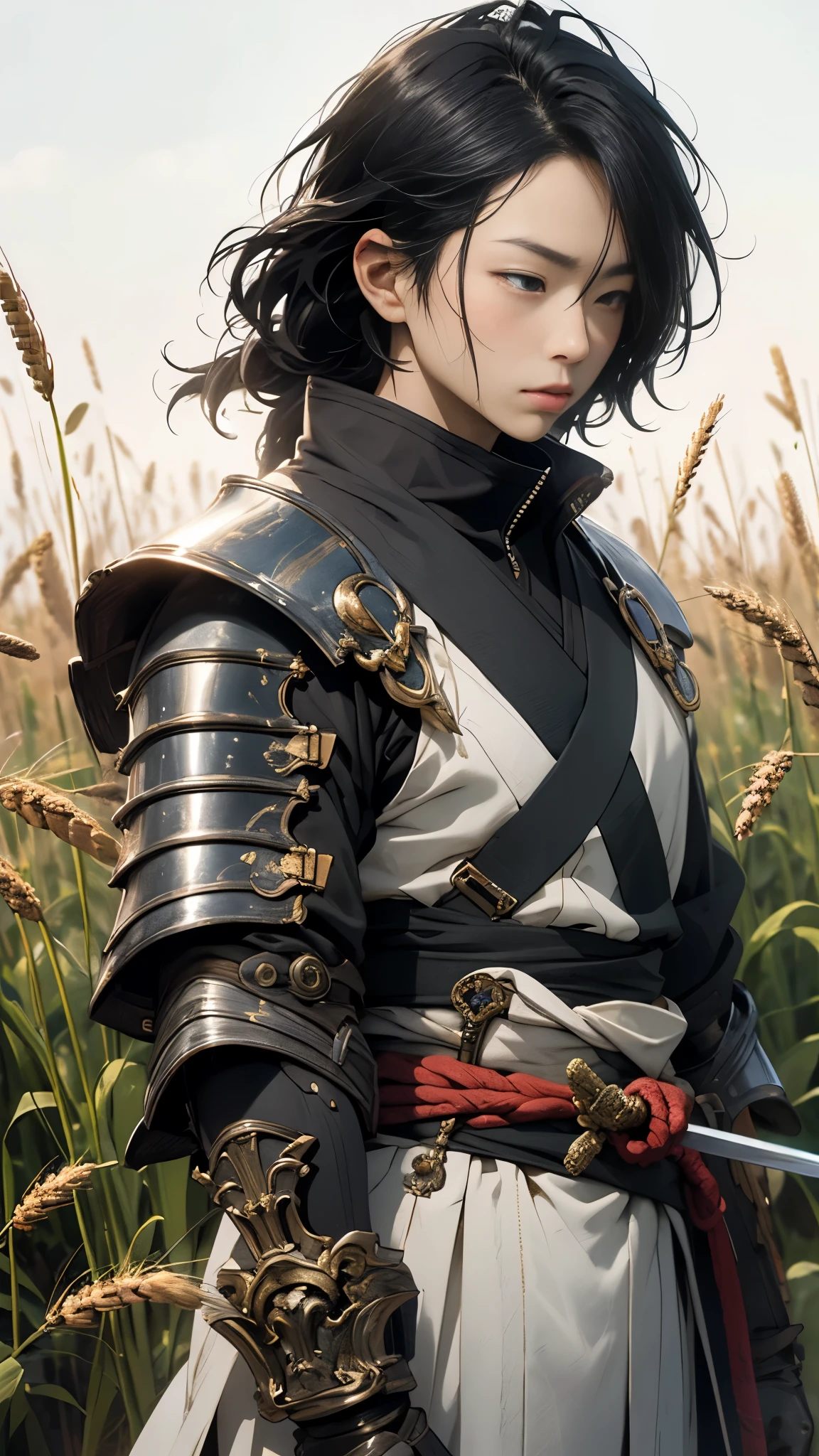  Live Action、 Genuine、(((AS-Adult))),  Crouch Down , Handsome Samurai，  Perfect Figure , Modern samurai  , Wear gloves ，， it's made with protective equipment,  upper body、Hold the sword with both hands、Wheat-colored wheat field ， In the case of a high resolution poster  ,  straight hair  , Minimum clothing, armor,  full of tips and rivets  , , (  Straight Black Hair、hair blowing in the wind、
