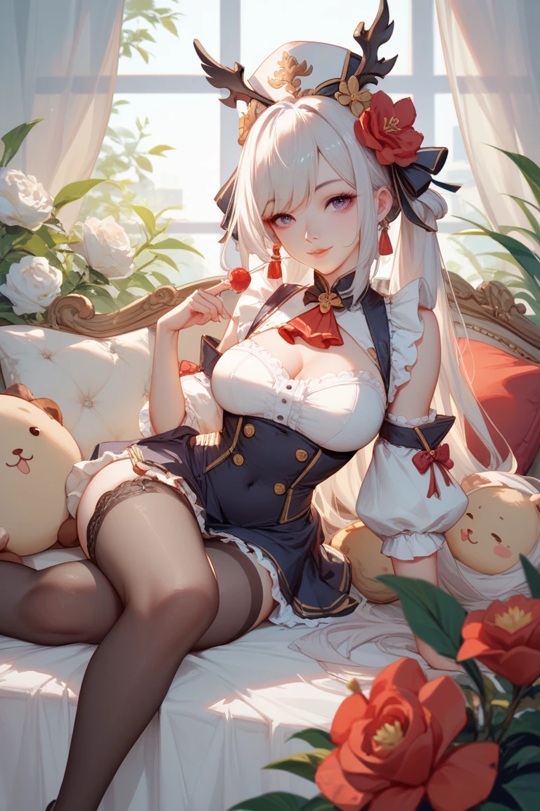 High quality, masterpiece, ultra-detailed, 1girl, bunny maid outfit, pink heart on chest, solo, peaceful expression, long blonde hair, enchanting eyes, blue and green eyes, heterochromia, bunny ears, ridiculously large breasts, shiny skin, bedroom, silver hair
